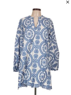 Blue and White Embroidered Tunic Dress